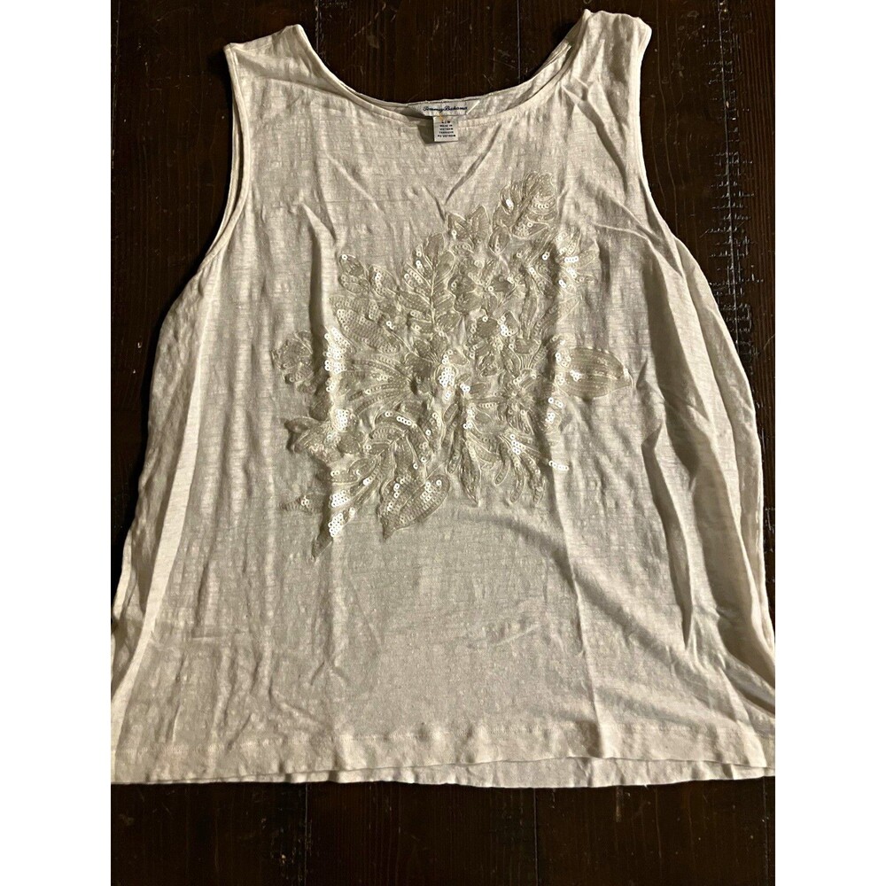 Women's Tommy Bahama White Linen Scoop Neck Sequin Tank Top Pullover Size L